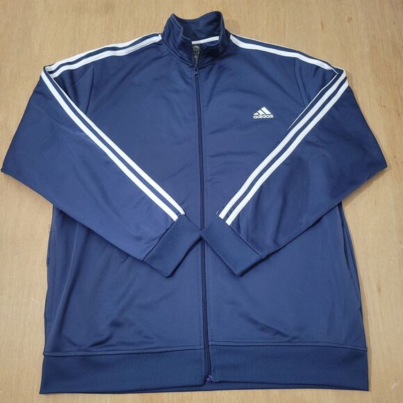 Adidas Track Jacket Mens XL Blue Striped Full Zip Pockets Three Stripe Logo - Picture 2 of 11